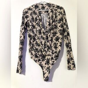 Intimately By Free People Cream Long Sleeve Bodysuit w/ Black Floral Print